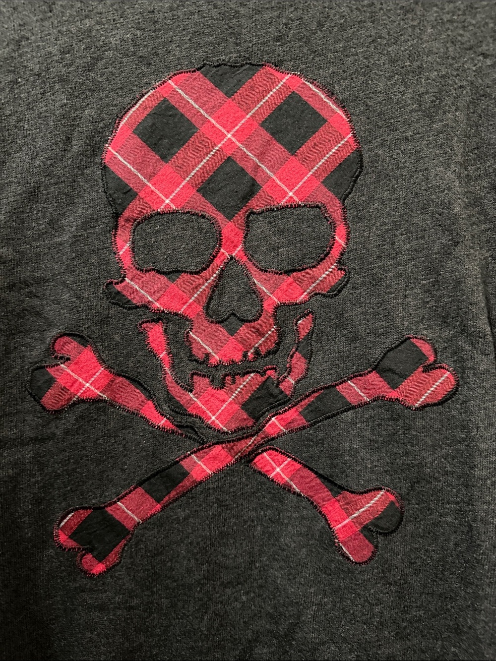 Hot Topic Charcoal Long Sleeve shirt with Red Plaid Skull - Picture 5 of 5